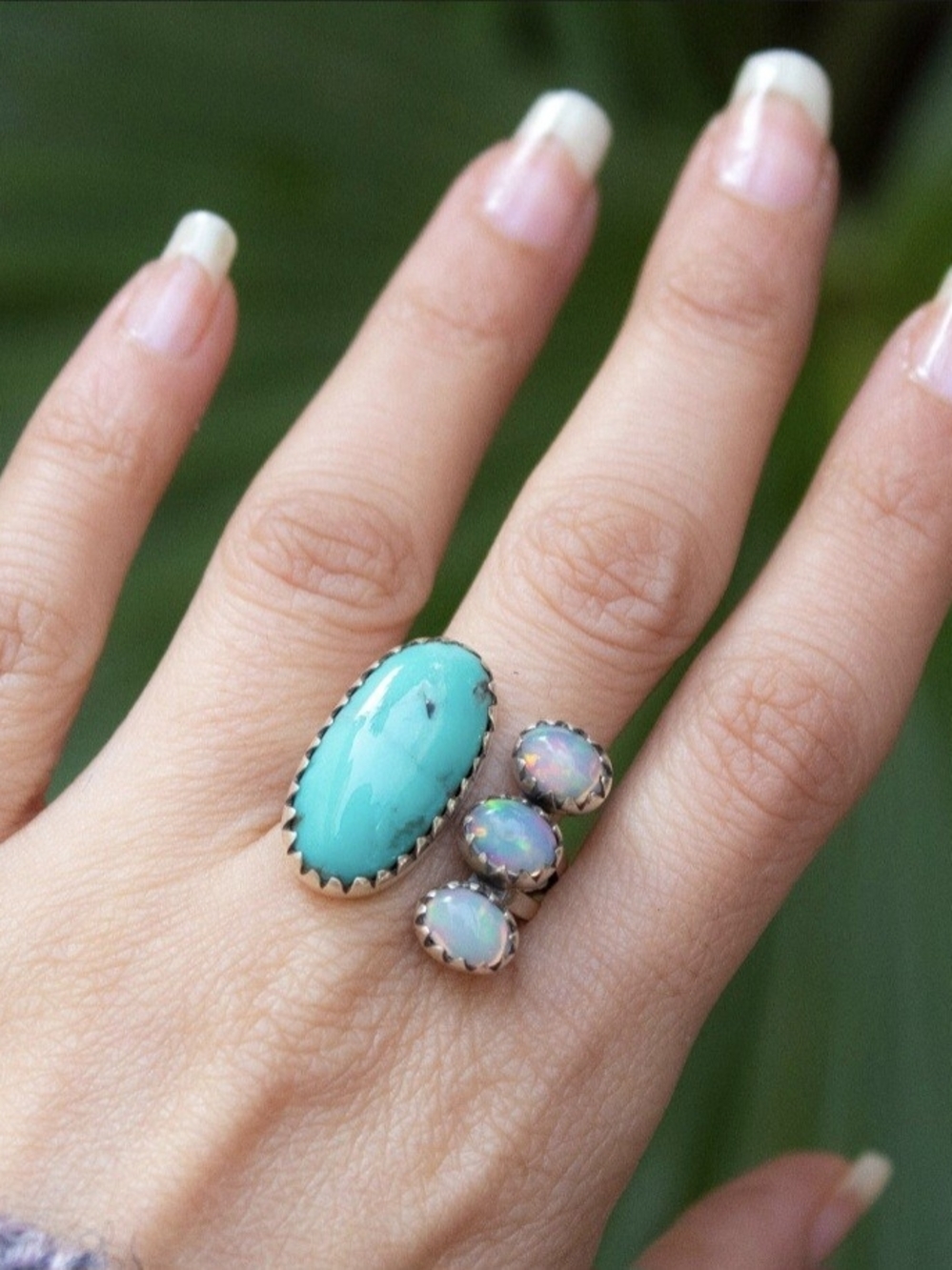 Turquoise and Opal Triple Stone Sterling Ring - Turquoise & Opal